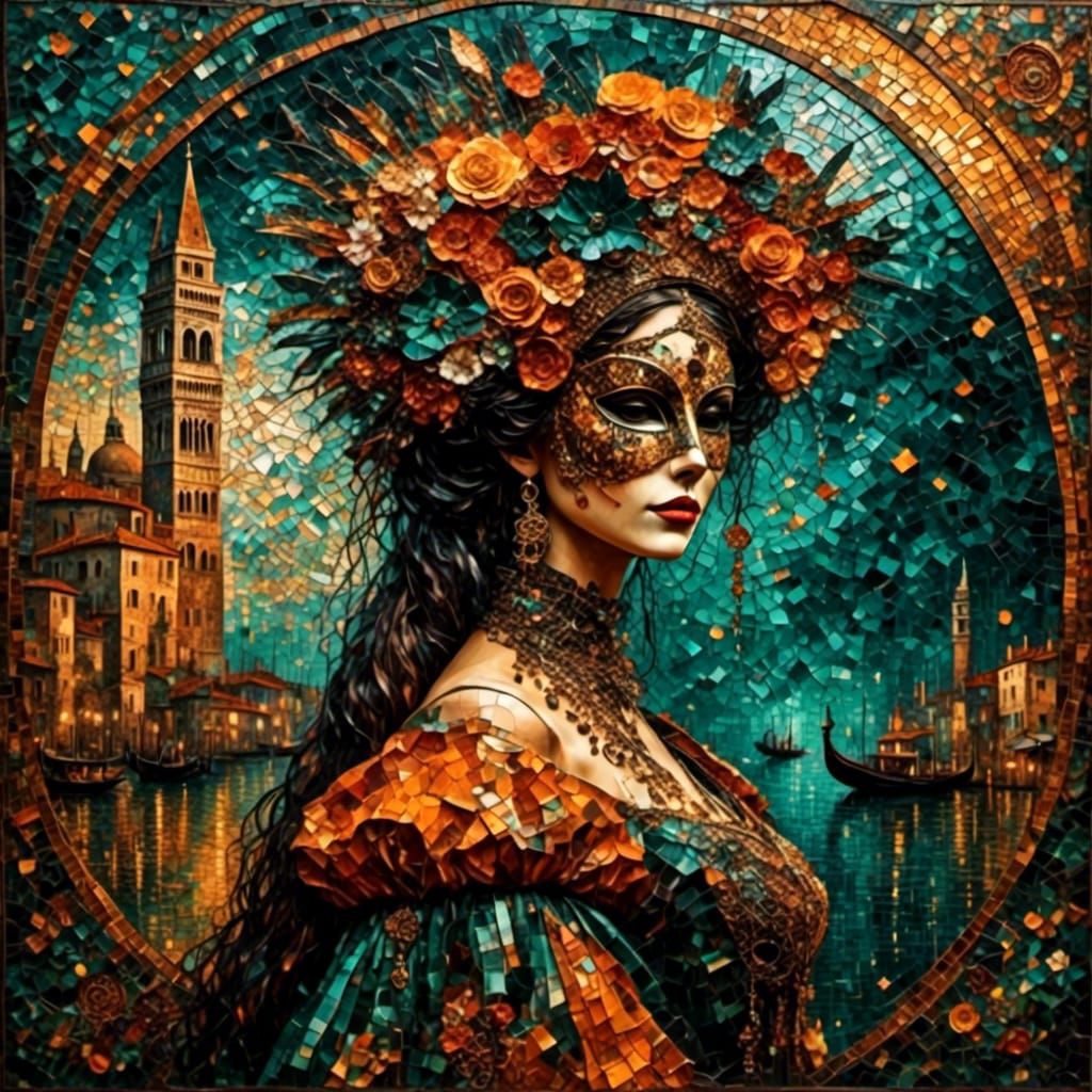 Venetian Carnival Mask in Mosaic Tile Style
