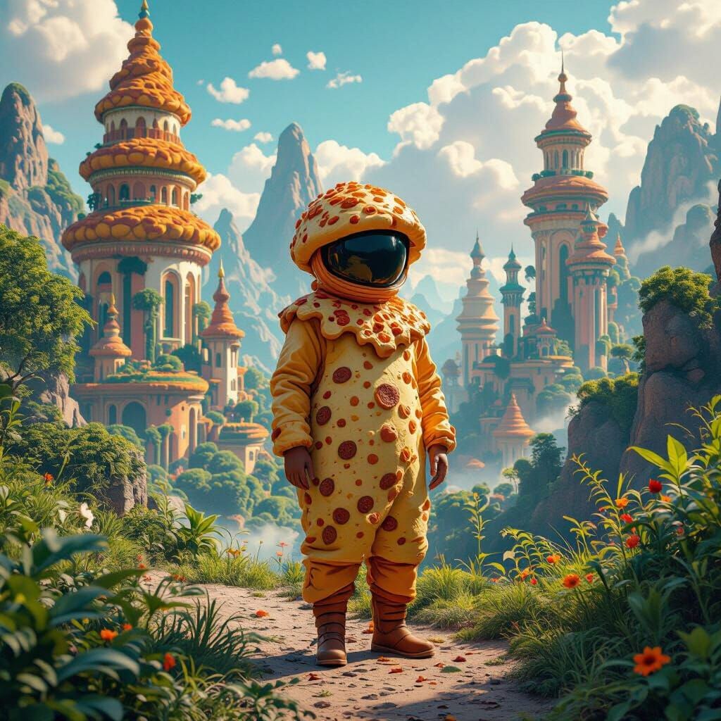 Pizza Person in Fantasy Landscape, Matte Painting Style
