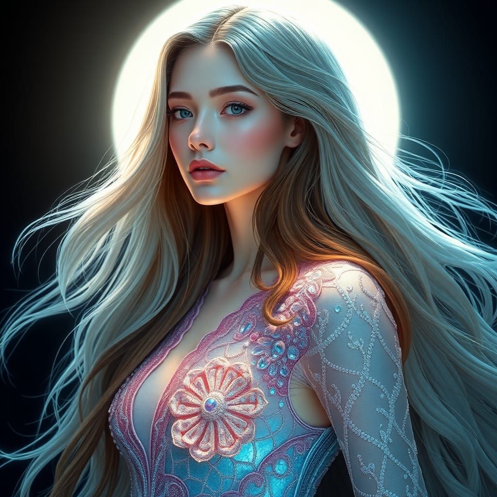 Ethereal Woman with Flowing Hair in Art Nouveau Style