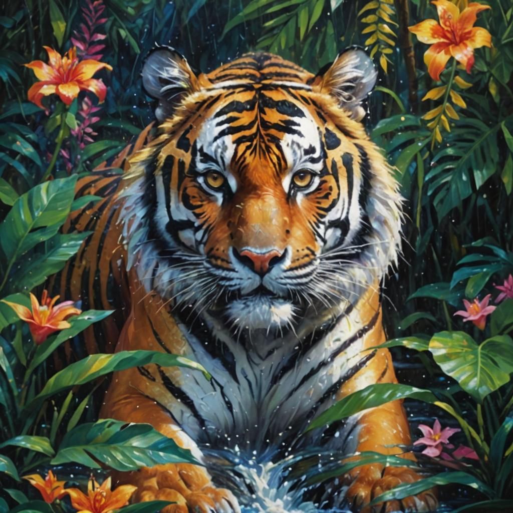 Impressionist Tiger in Jungle River Wildlife Masterpiece