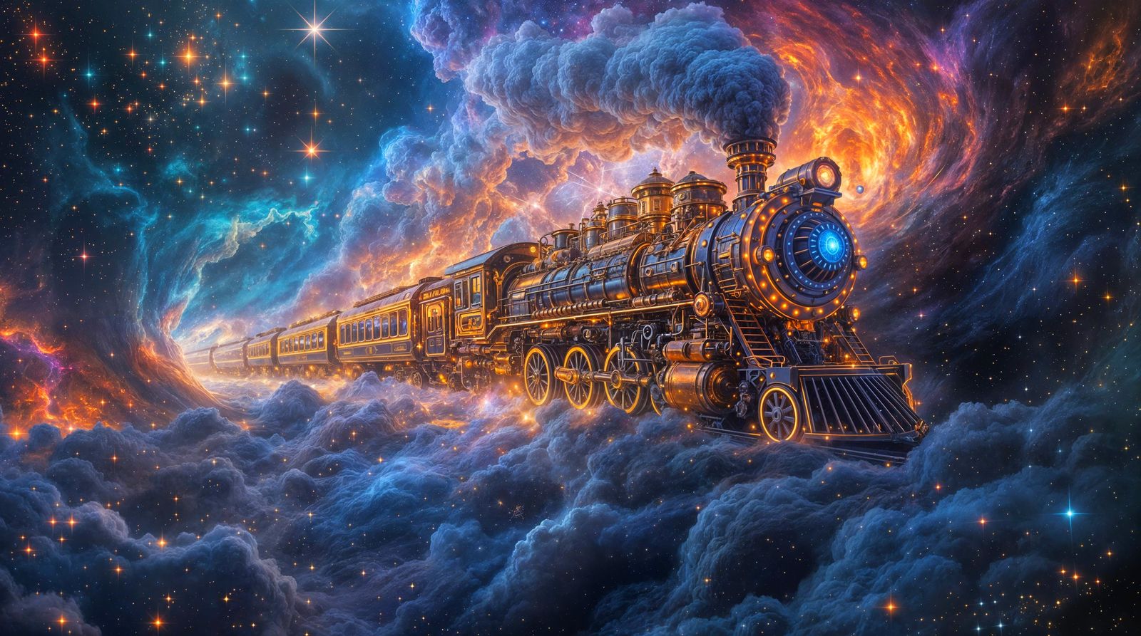 Steampunk Space Train Nebula in Kinetic Pointillism Style