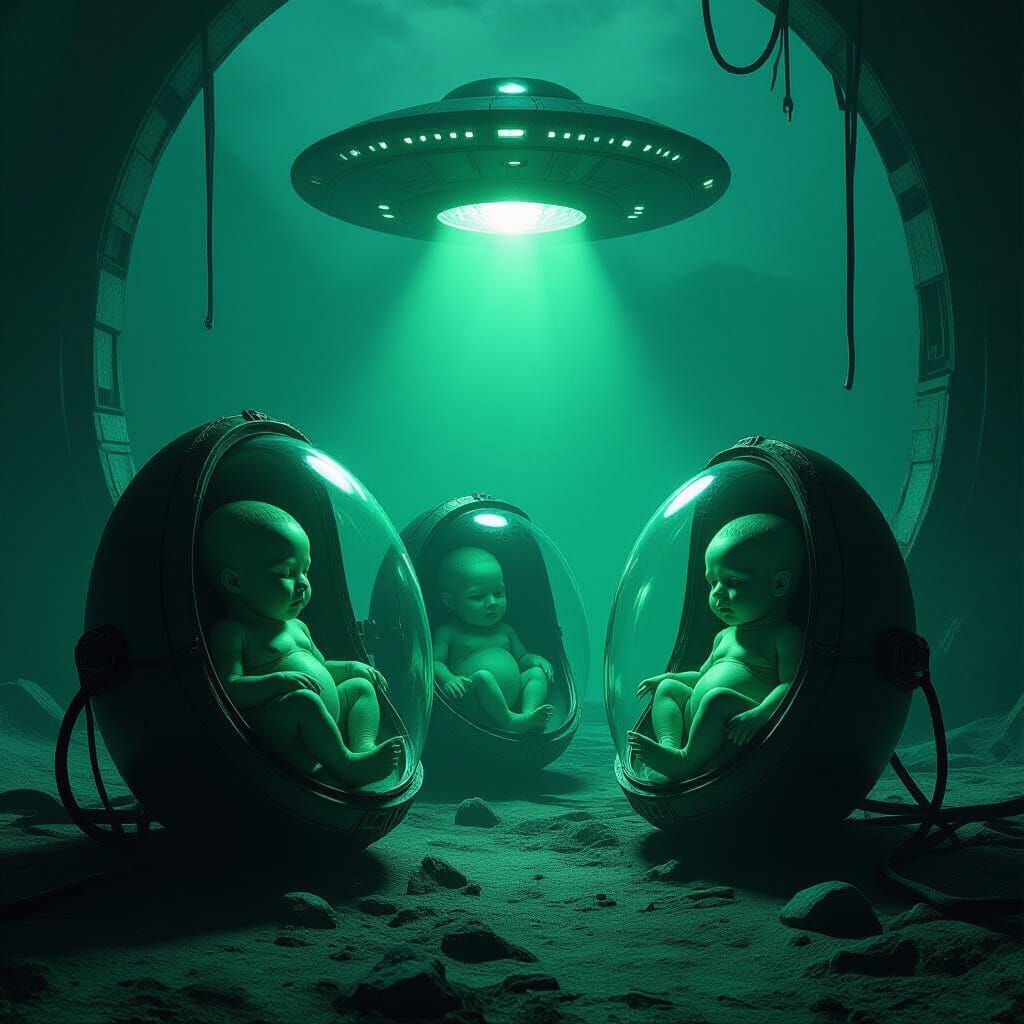 Eerie Bodysnatcher Pods with Foetuses & UFO, Dark Sci-Fi Art