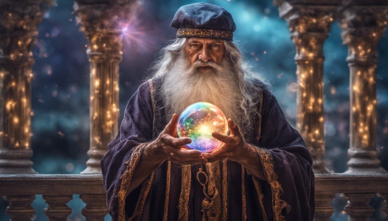 Wizard with Rainbow Crystal Ball in Fantasy World
