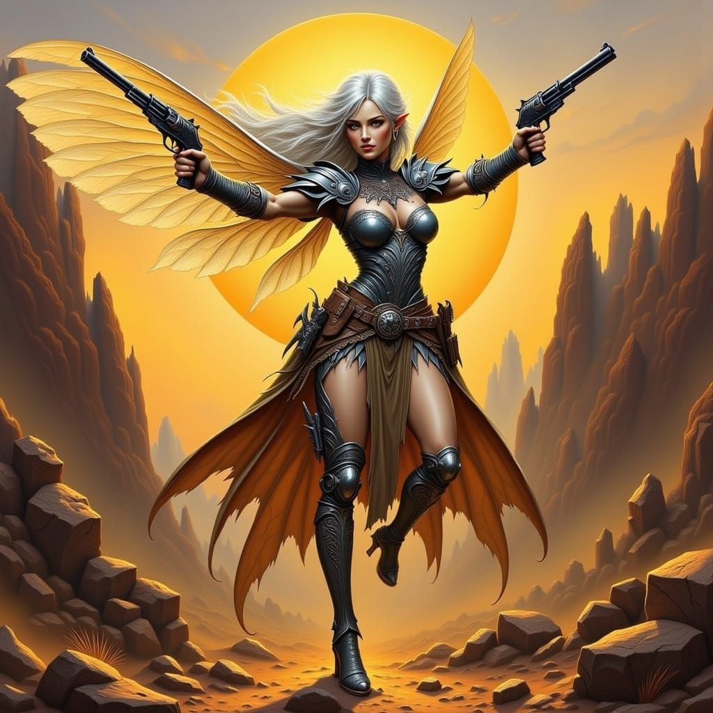 Ethereal Elf Gunslinger Soars in Sunset Canyon