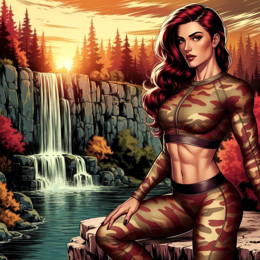 Athletic Woman Overlooks Waterfall in Graphic Novel Style