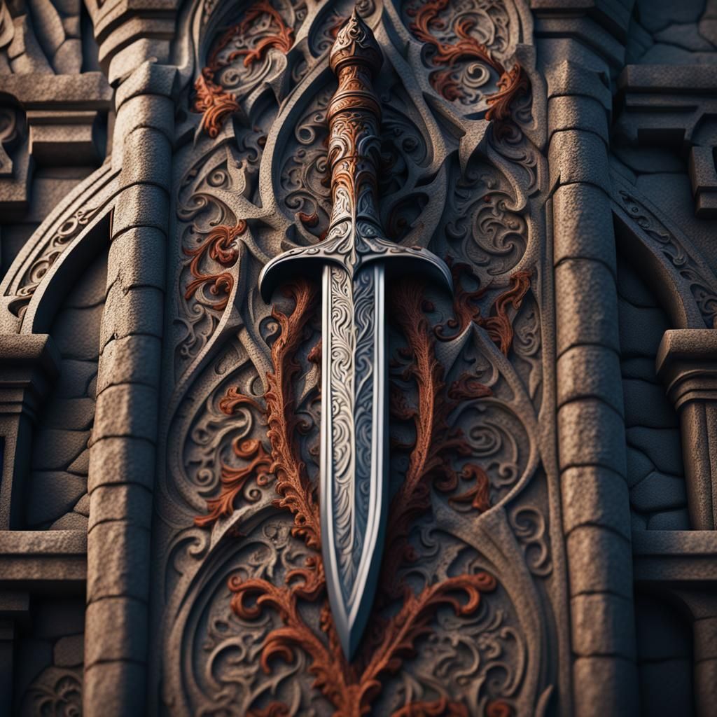 Intricately Carved Dagger on Castle Wall: Detailed Matte Pai...