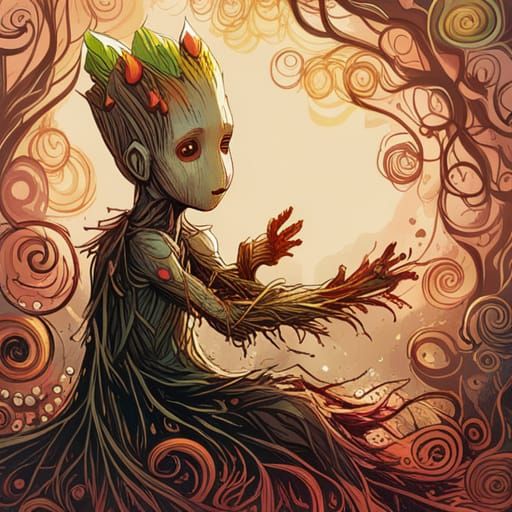 Intricate Groot Digital Painting with Golden Outlines