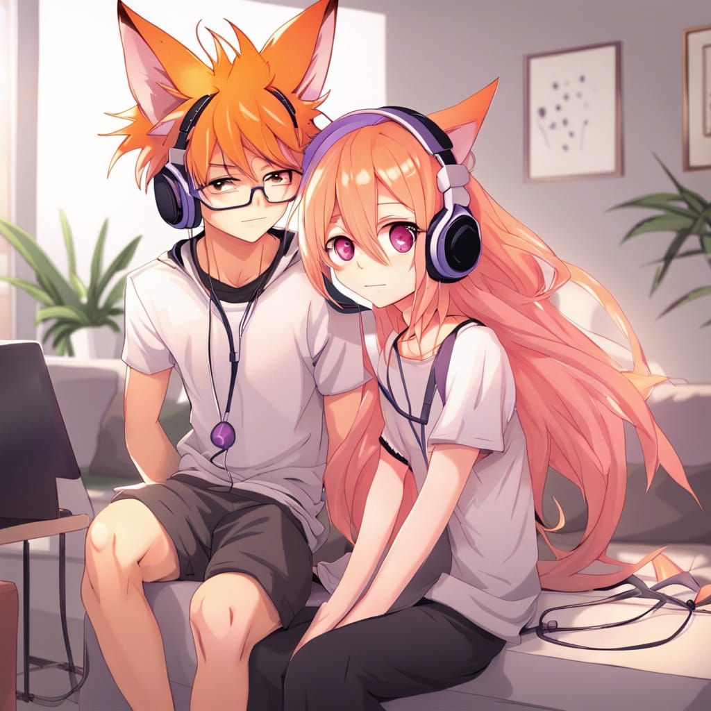 Friends Listening to Music in Anime Style