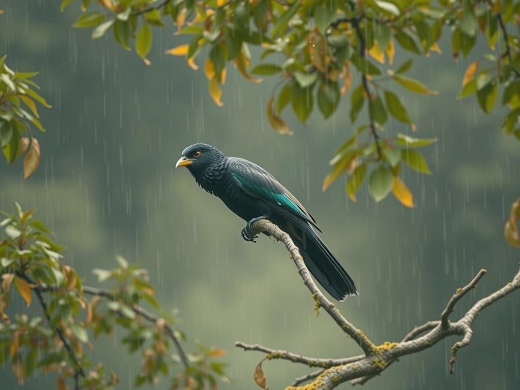 Majestic Bird Amidst Rainy Forest