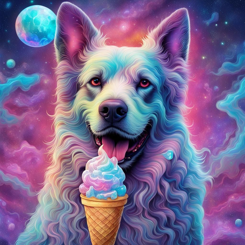 Dog with Ice Cream: Cosmic Illustration