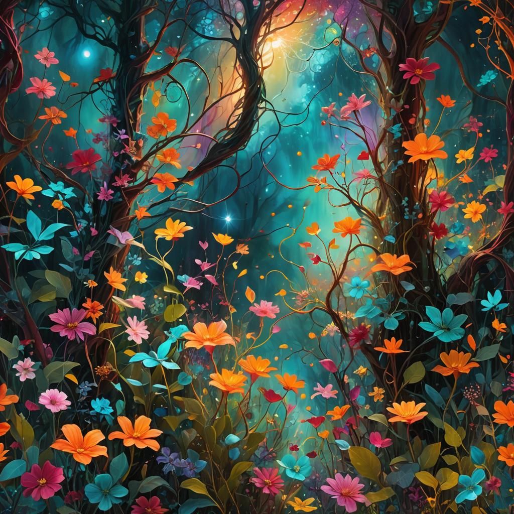 Ethereal Fantasy Jungle Clearing in Vibrant Dreamlike Colors
