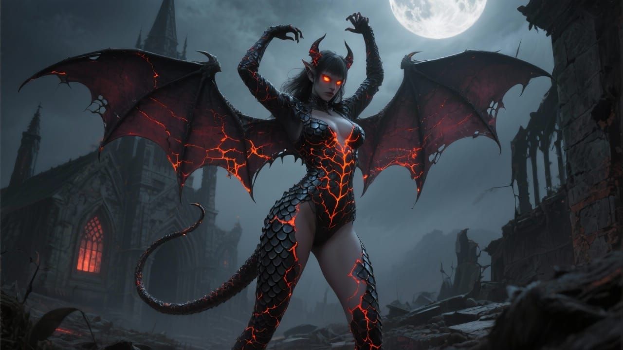 Demonic Figure with Fiery Eyes and Bat Wings