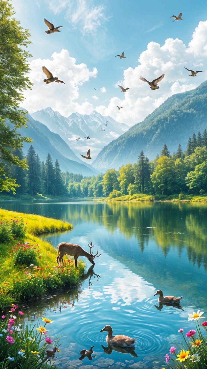Lake Scene with Deer, Birds, and Mountains