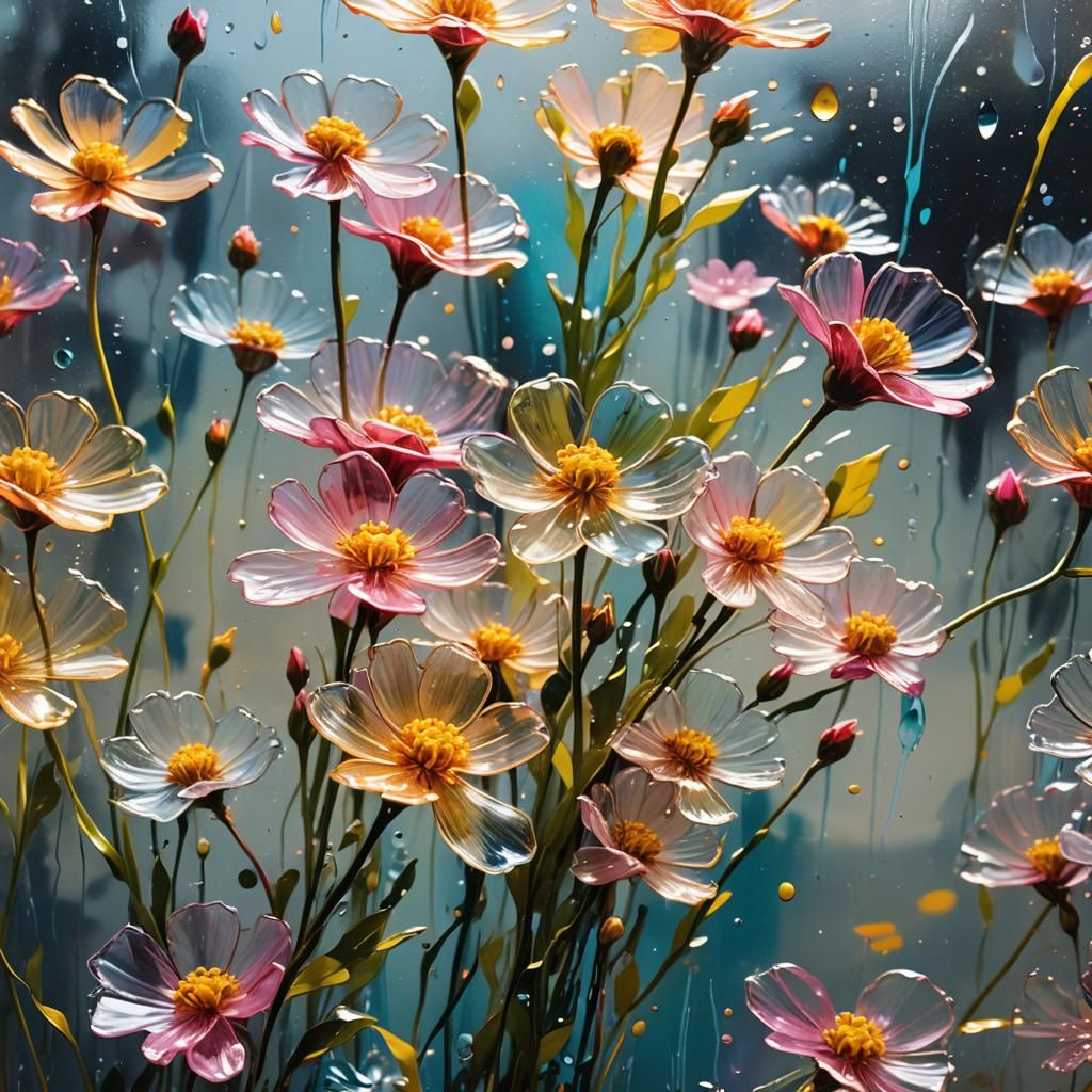 Delicate Flowers in Glass Vase as Vibrant Street Art