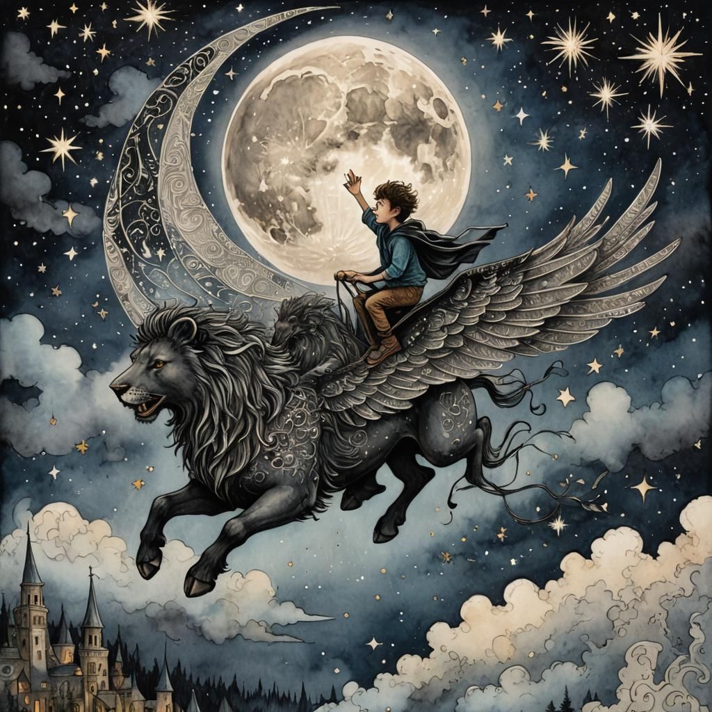 Boy and Winged Lion in Starry Sky