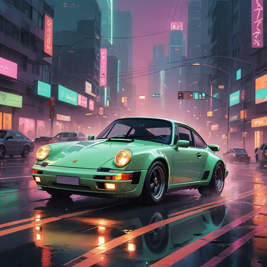 Porsche 964 911 on Neon Highway, Low-Poly 3D Art