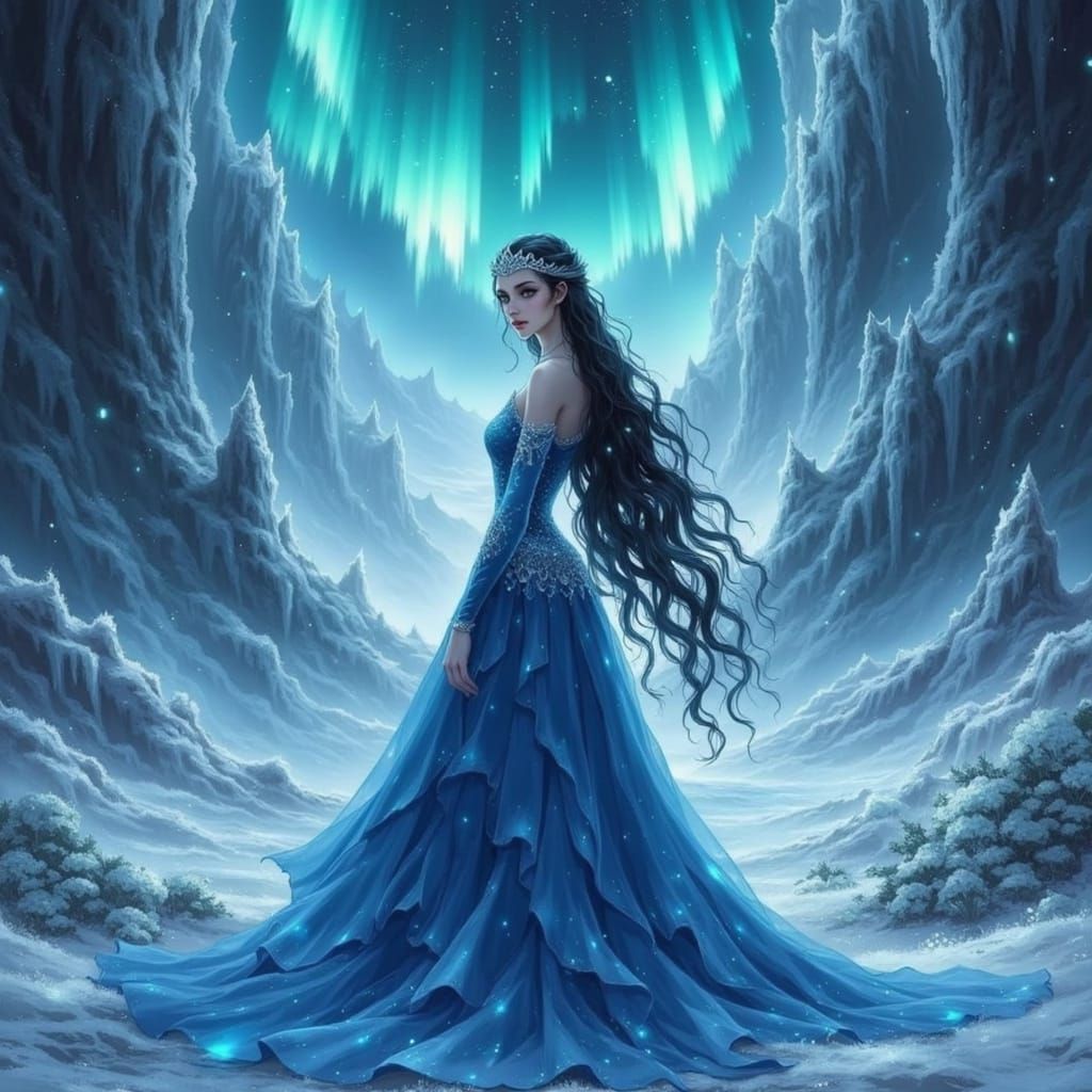 Brunhilde in Ice Castle Under Aurora Borealis