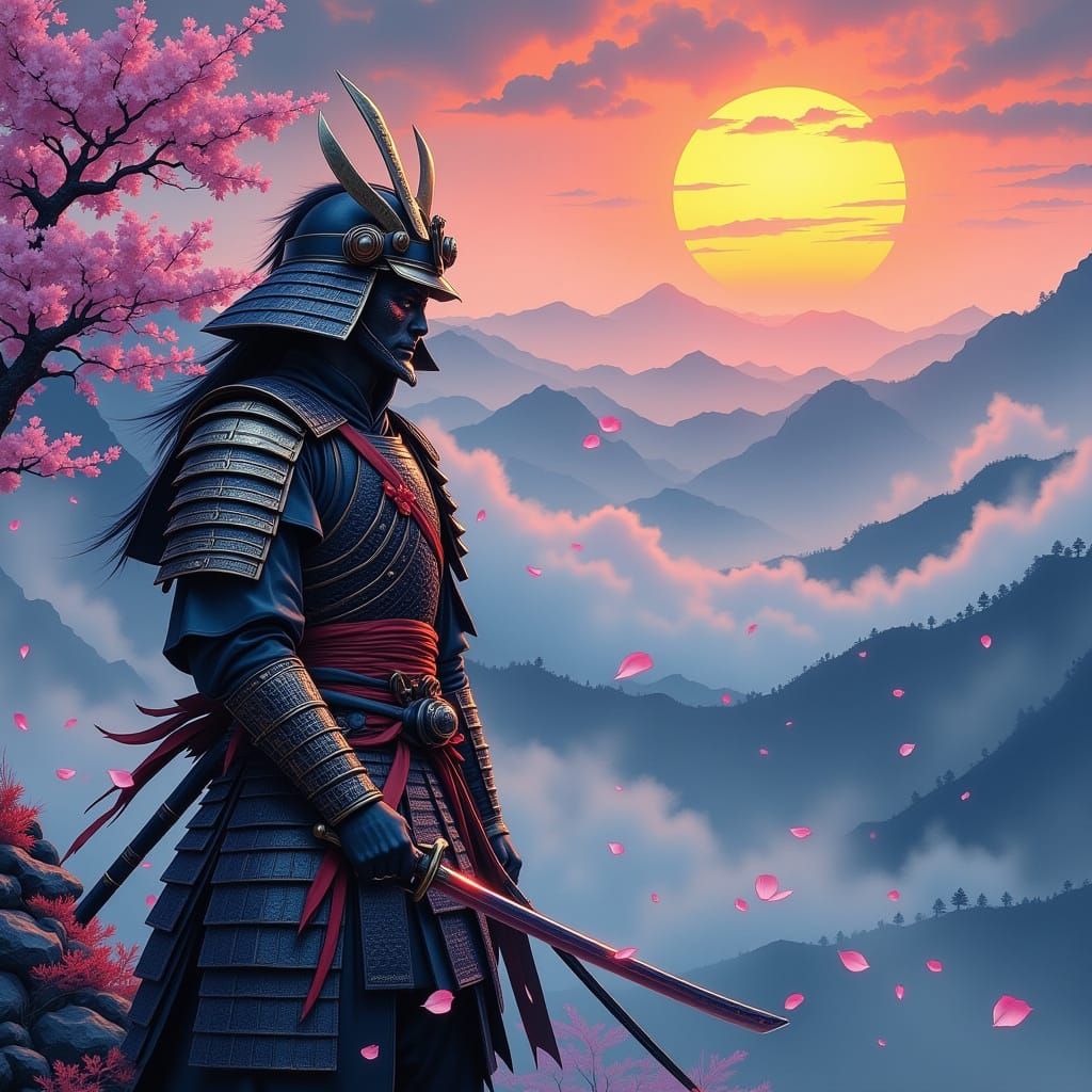 Ethereal Samurai at Sunset, Anime Fantasy Style