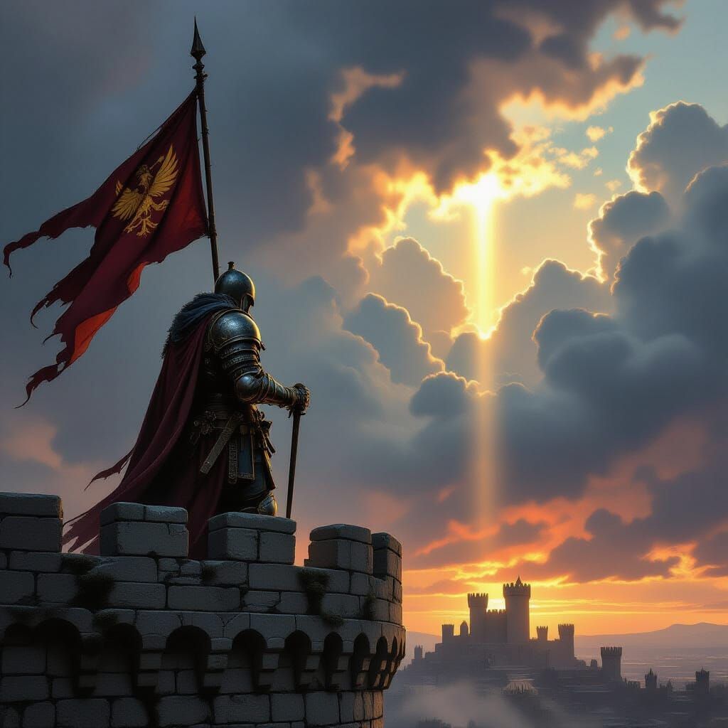 Grizzled Soldier Guards Crumbling Castle Under Dramatic Sky