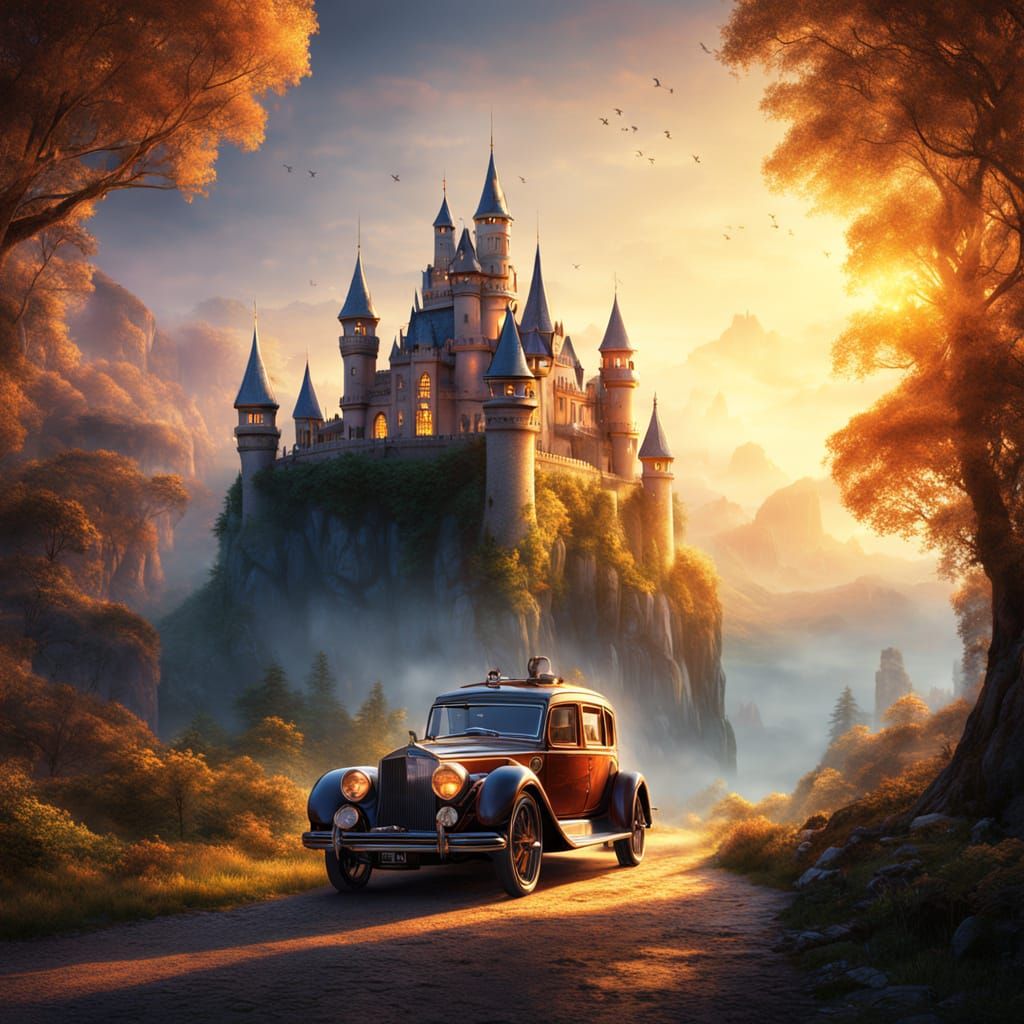 Magical Carriage Car Before Fairytale Castle in Enchanted Fo...