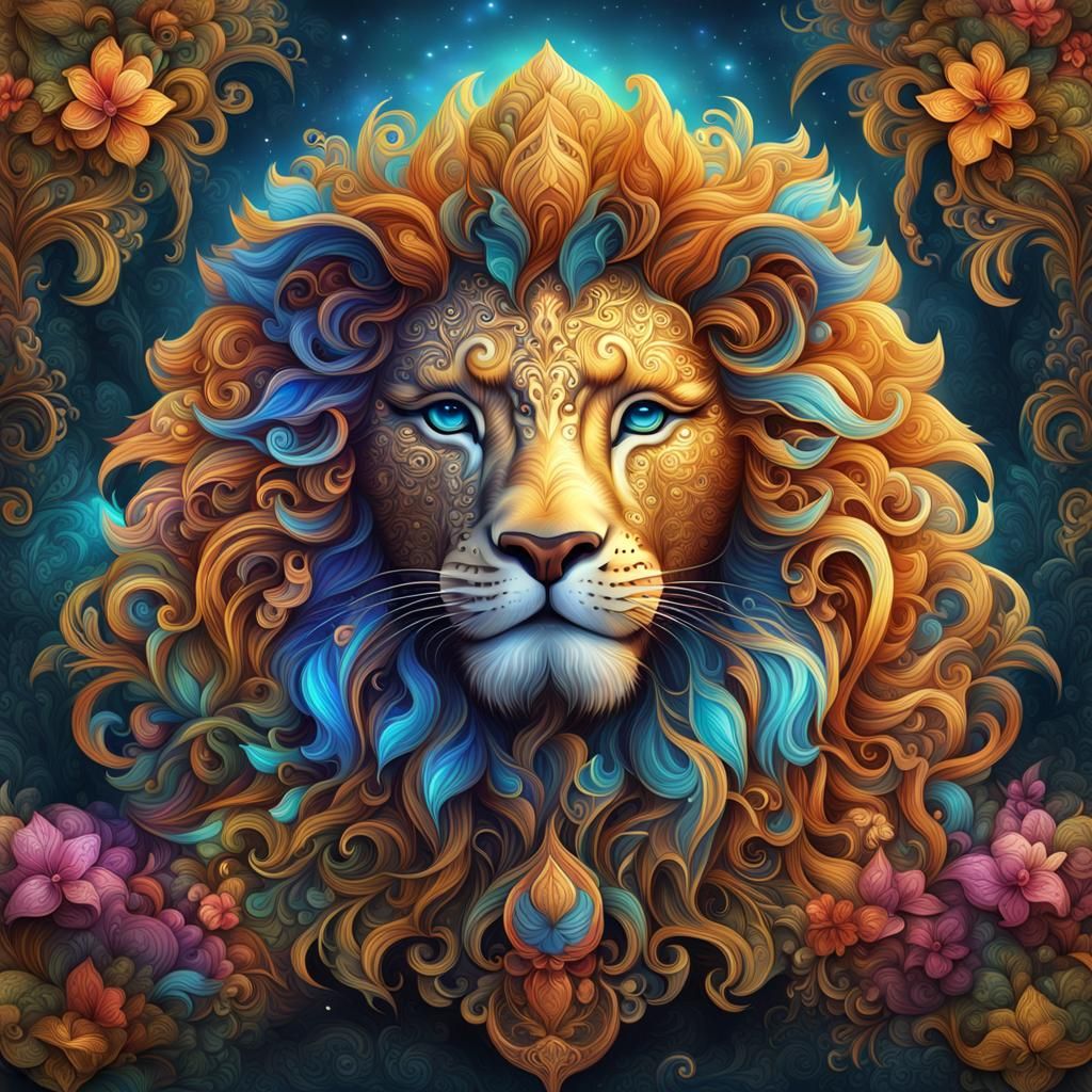 cute beautiful lion as Filigree art ,glitter backroung colorful brilliant,,gorgeous colorful ,amazing,64k,josephine wall...