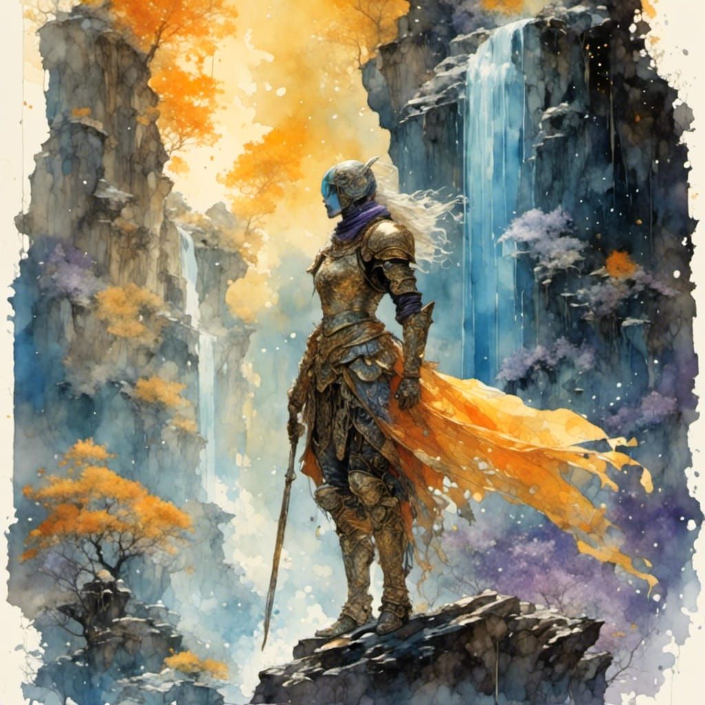 Ornate Lunar Warrior at Iridescent Waterfall