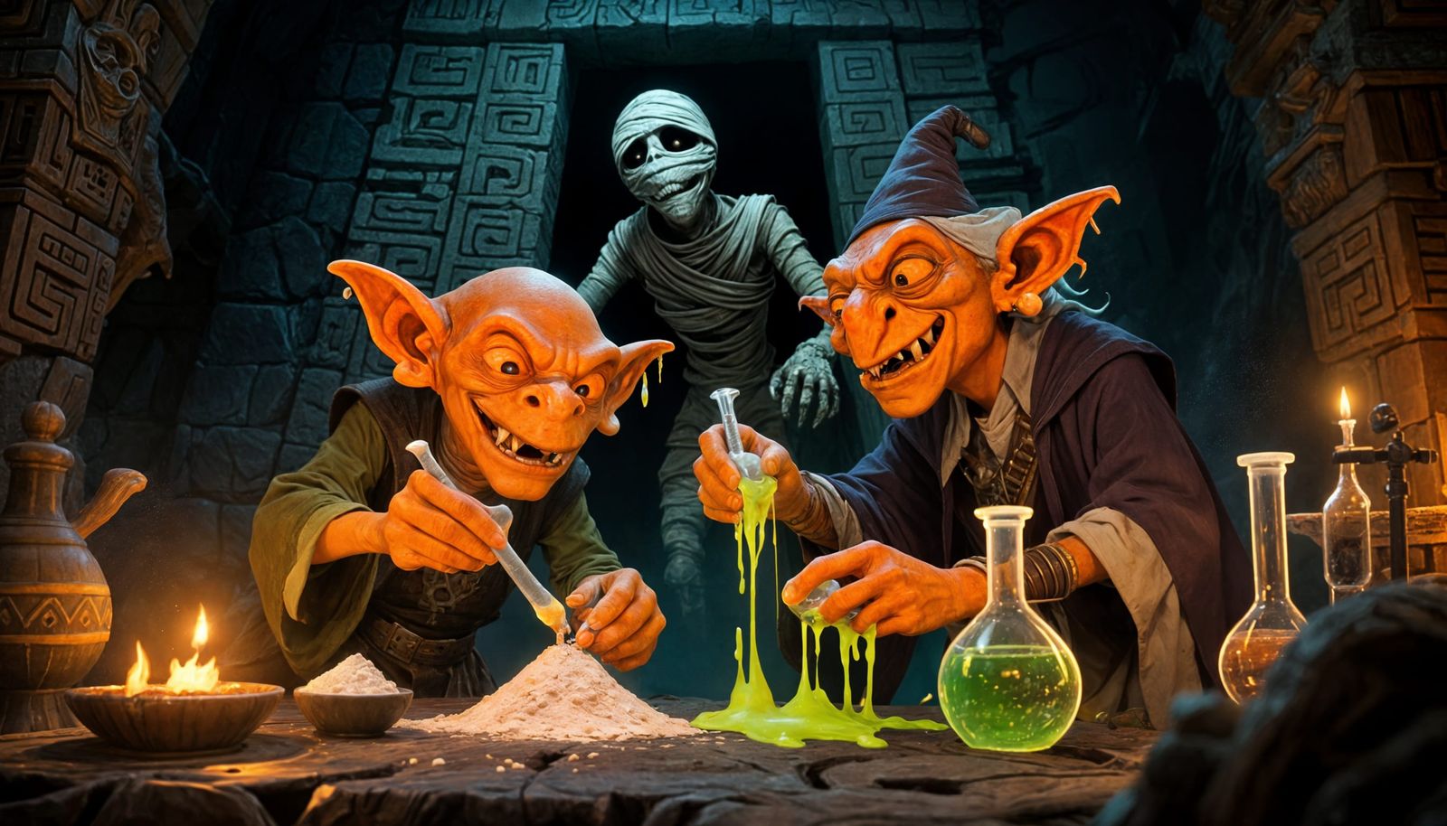 Goblin Alchemists and Emerging Mummy in Aztec Tomb