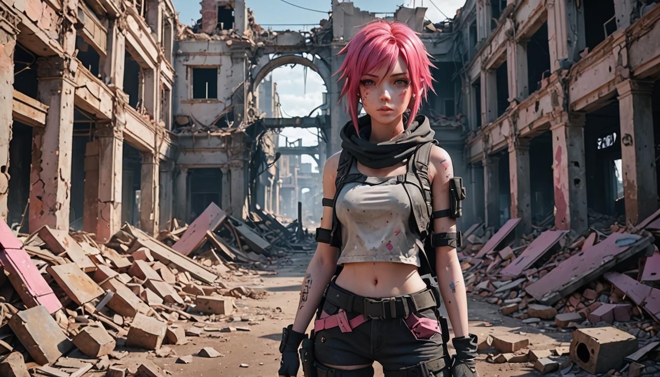Pink-Haired Girl in Post-Apocalyptic Anime Art