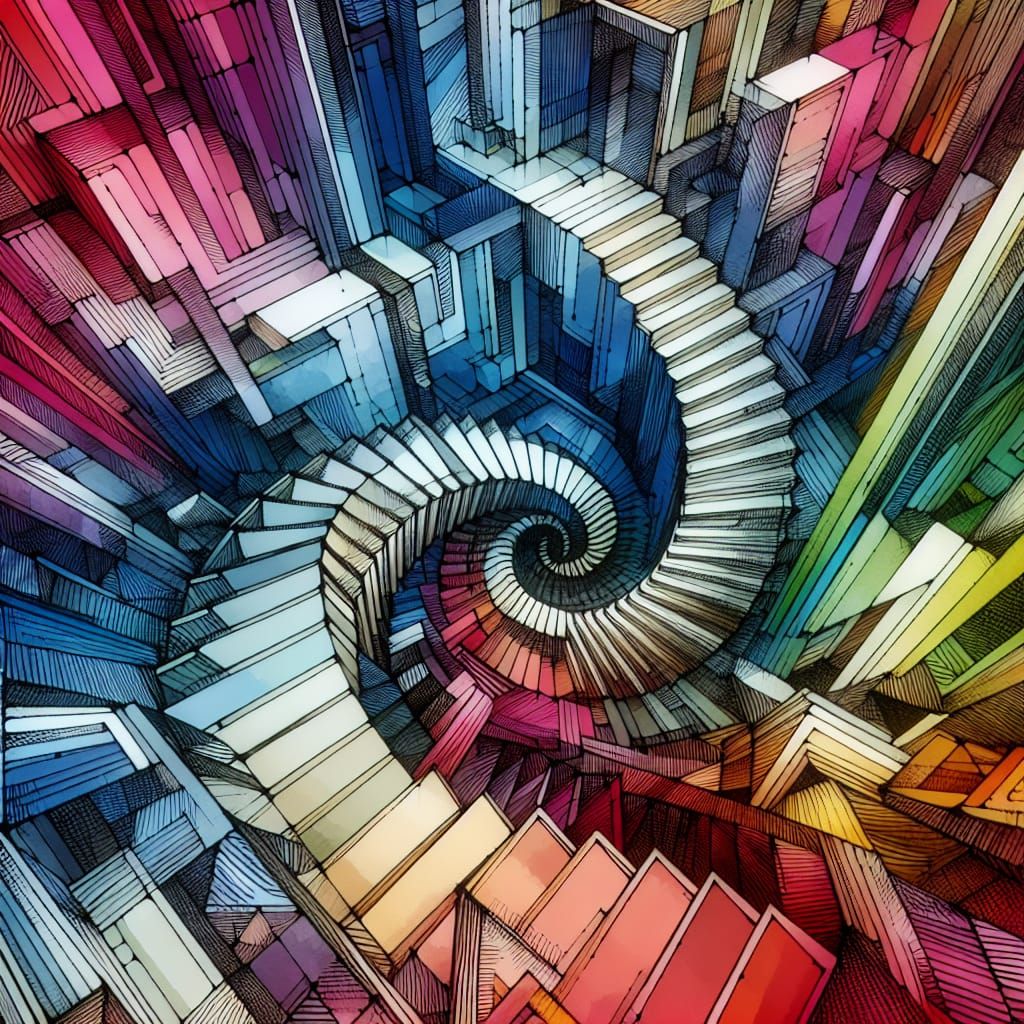 Surreal Infinite Stairwell in Optical Illusion Style