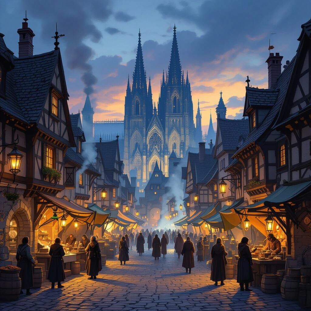 Medieval Marketplace at Twilight with Cathedral