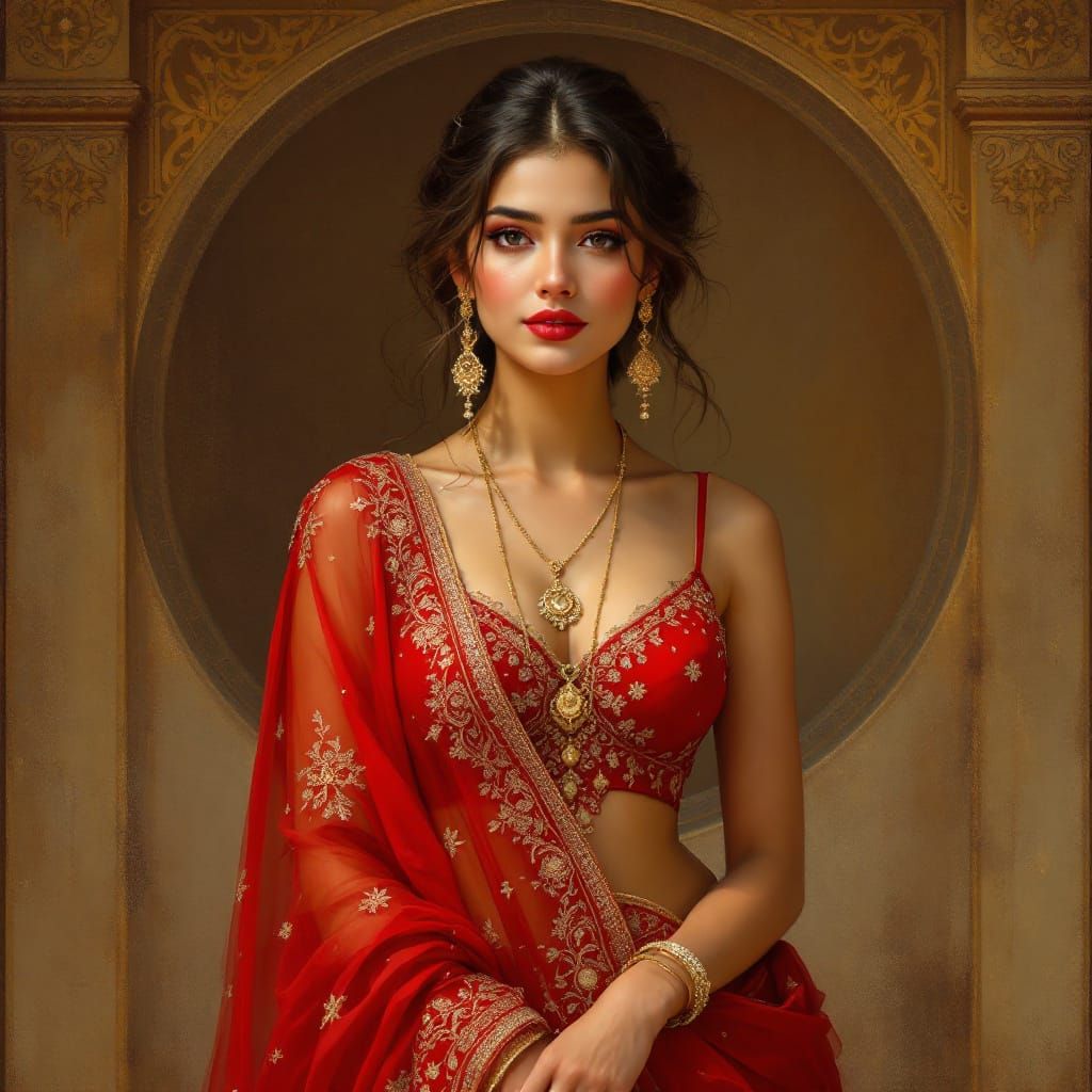 Elegant Woman in Red Lehenga, Art Nouveau Style