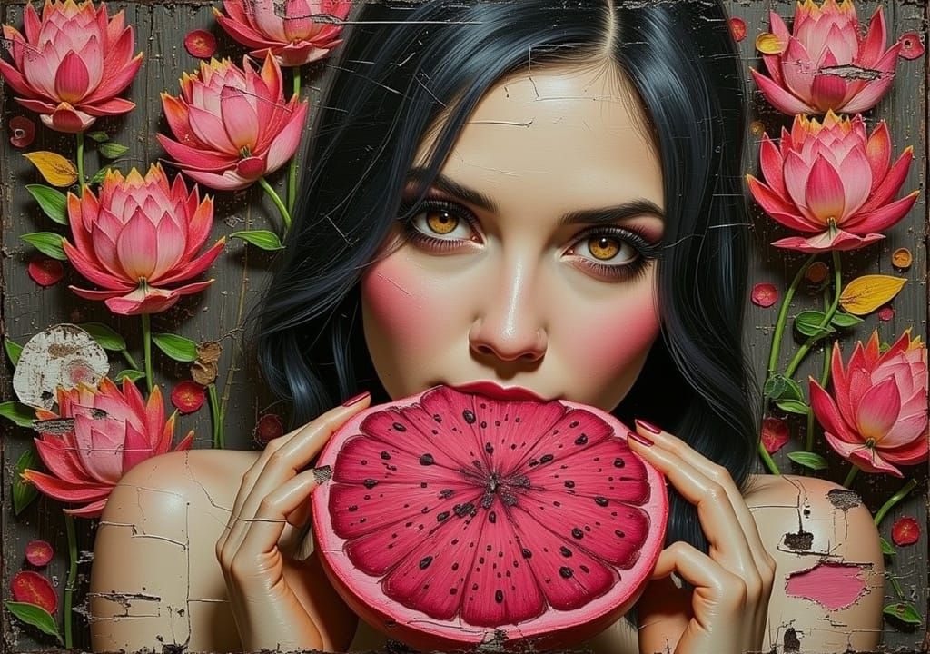 <lora:Asperam Coelo:1.0> in the style of naive art, weathered, wood panel :: typical scene of vampire eating dragonfruit