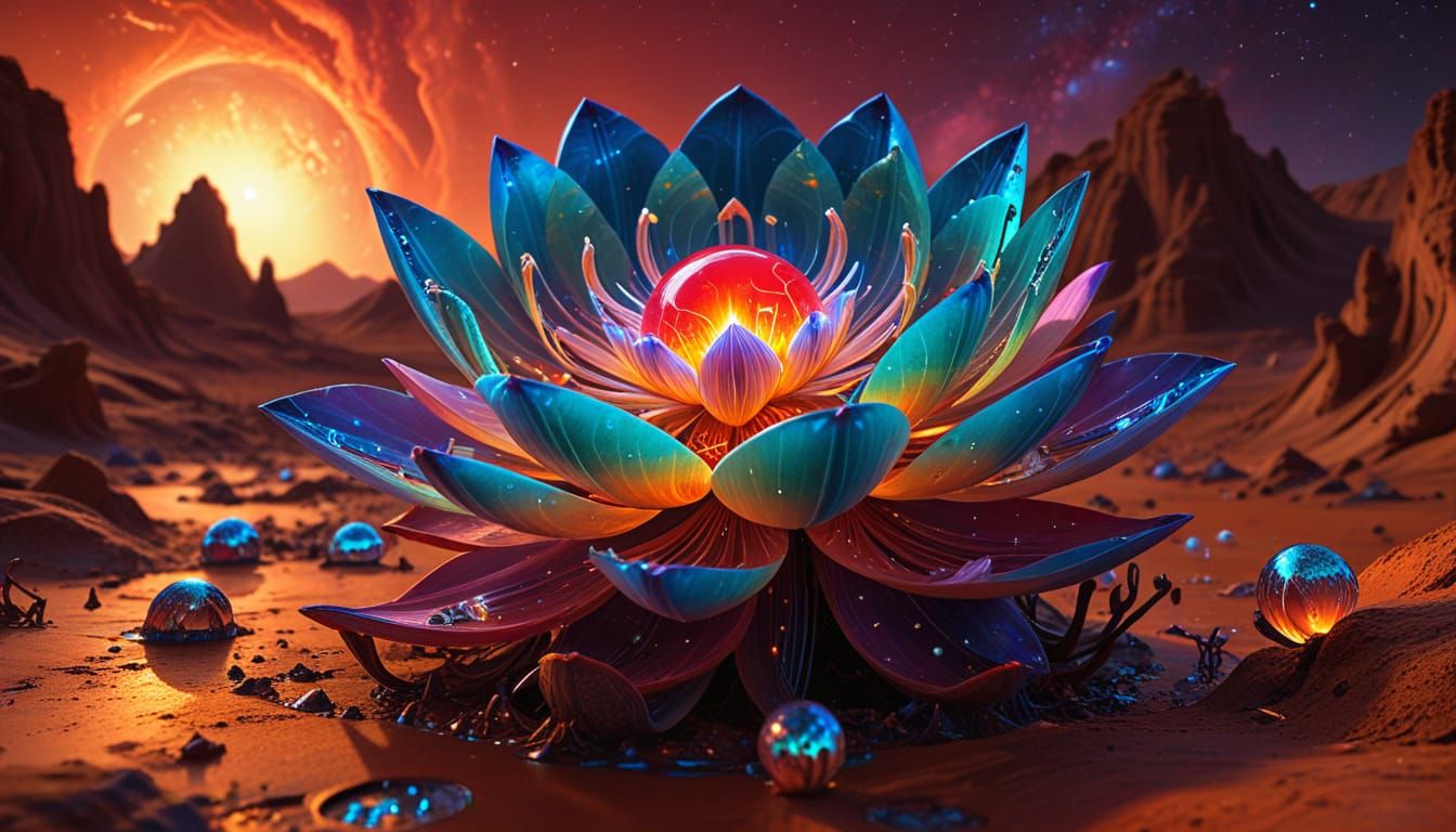 Mars Landscape with Iridescent Lotus in Cyberpunk Aesthetic