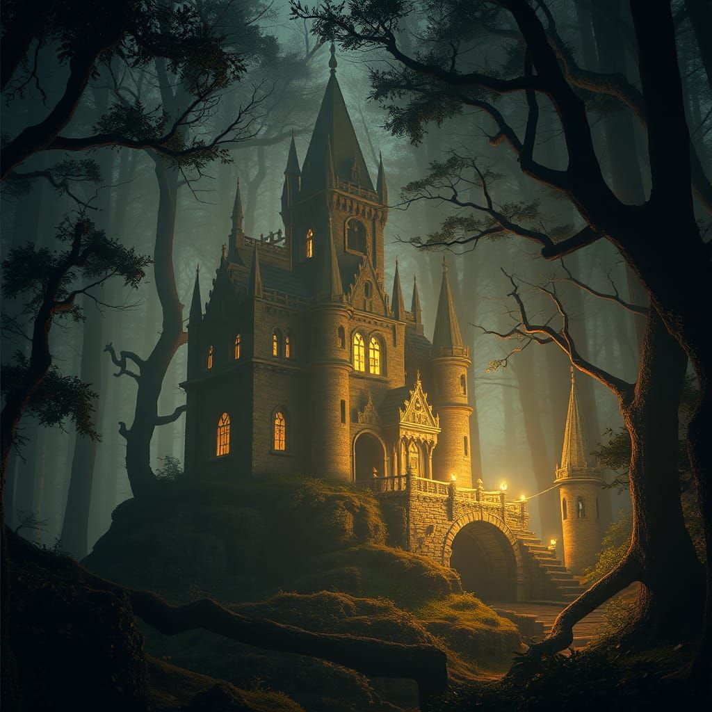 Fantasy Castle in Entangled Forest, Digital Art
