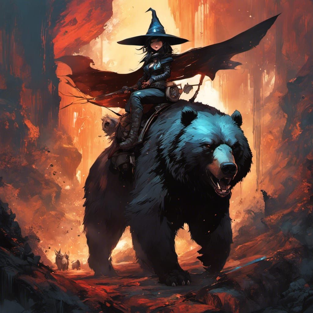 Chibi Witch on Armored Grizzly, Digital Art