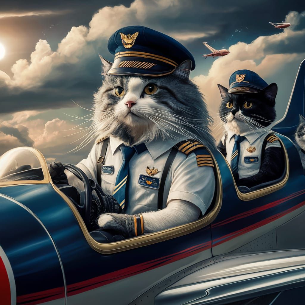 Cats as Airline Pilots in Detailed Fantasy Art