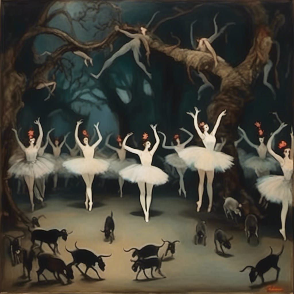 Eerie Ballet Scene with Goats in Dim Forest