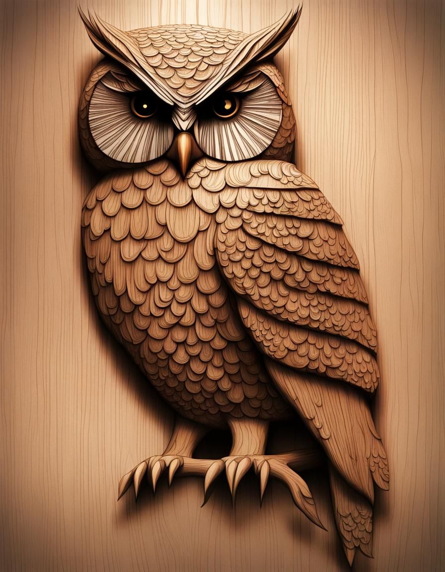 Hyperdetailed 3D Owl Engraving in Wood