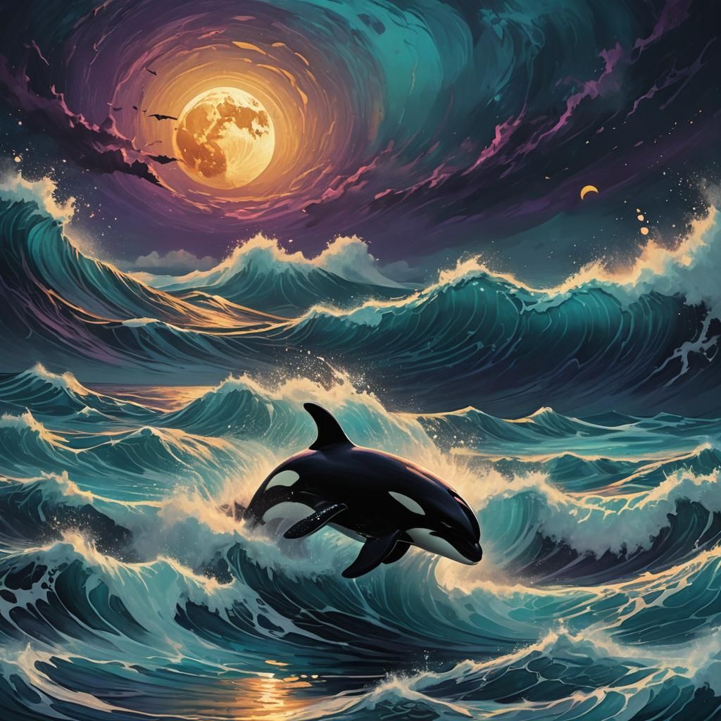 Orca Whale Leaps Under Glowing Moon, Digital Art