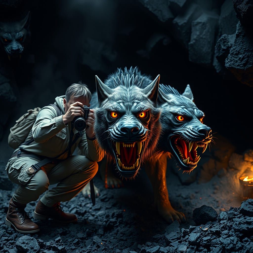 Portrait of Ferocious Cerberus in Dark Fantasy Style