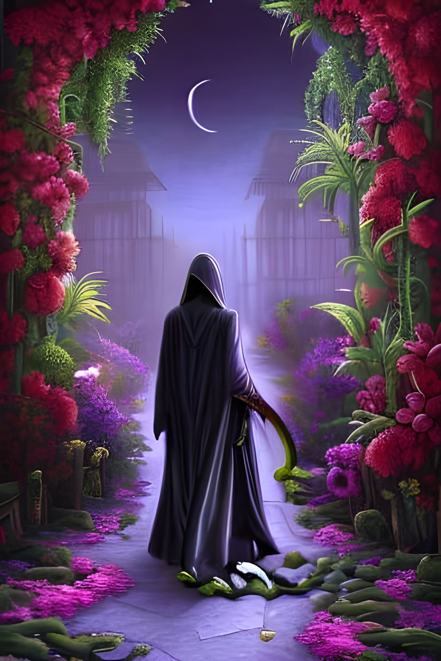 Grim Reaper in Paradise Garden, Digital Illustration