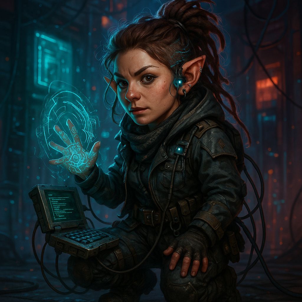 Shadowrun Female Gnome Technomancer in Cyberpunk Style