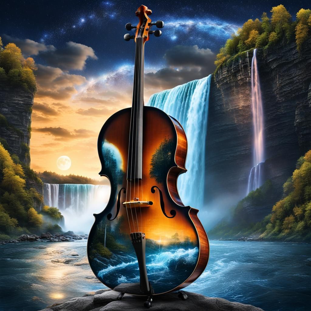 Glass Cello with River Inside, Niagara Falls Backdrop