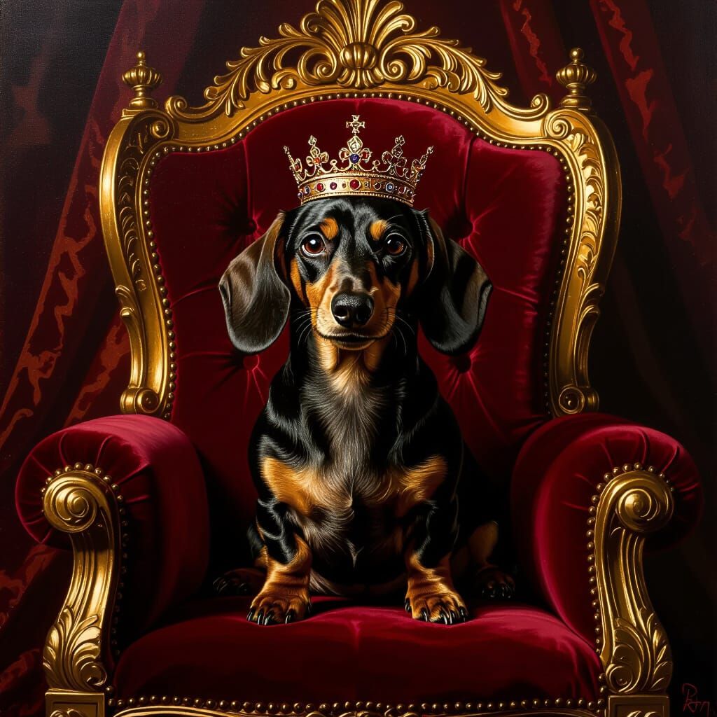 Regal Dachshund King on Velvet Throne