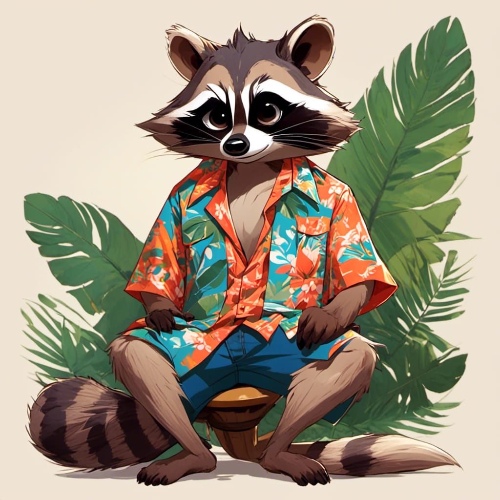 Raccoon in Hawaiian Shirt Anime Portrait