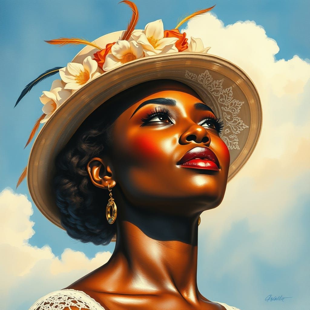 Serene Black Woman Gazing Upward in a Vibrant Watercolor Por...