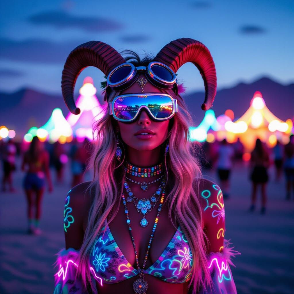 Woman at Nevada Desert Festival with Neon Lights