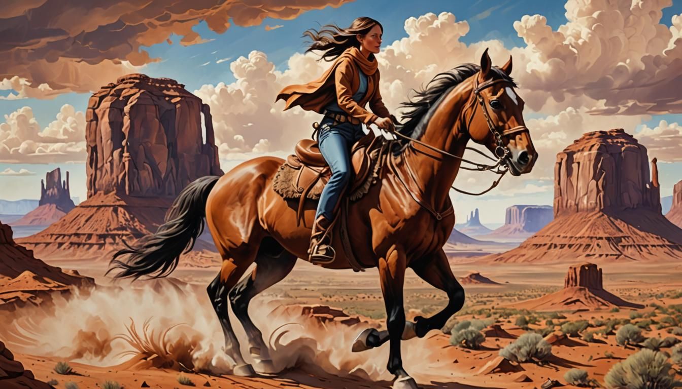 Woman Rides Horse in Monument Valley, Airbrush Art