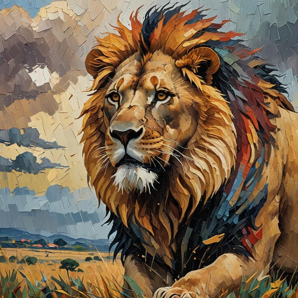 Lion in Savannah Storm: Expressionist Impasto Oil Painting