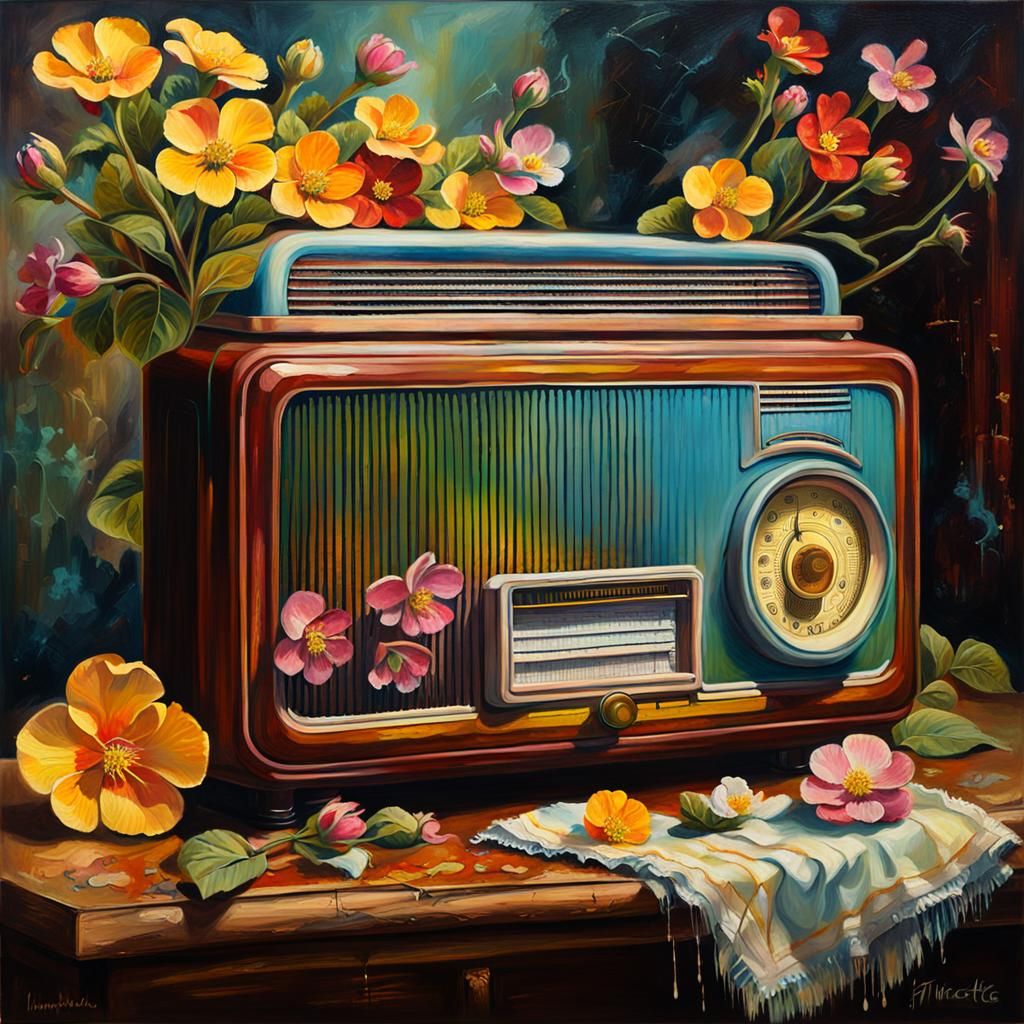 Old Radio and Primroses in Scratchy Oil Painting
